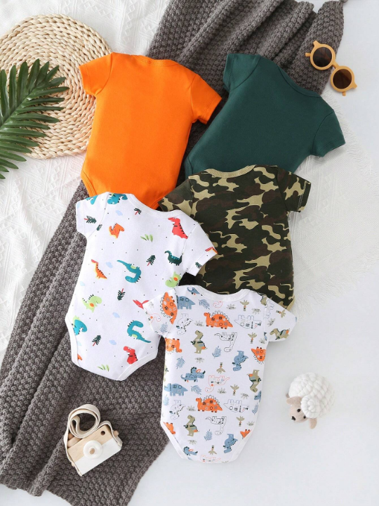 Newborn Baby Boys' Triangle Dinosaur, Camouflage And Letter Print Romper