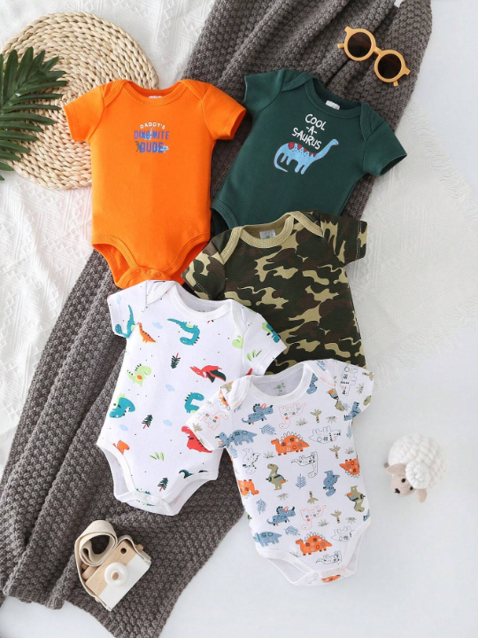 Newborn Baby Boys' Triangle Dinosaur, Camouflage And Letter Print Romper