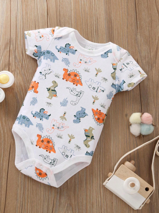 Newborn Baby Boys' Triangle Dinosaur, Camouflage And Letter Print Romper