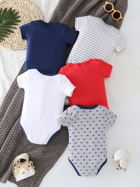 New 5pcs/Set Ow Tie, Letter & Mustache Patterned Triangle Bodysuit Outfit For Baby Boys