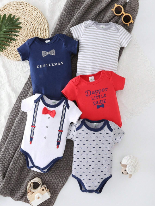 New 5pcs/Set Ow Tie, Letter & Mustache Patterned Triangle Bodysuit Outfit For Baby Boys