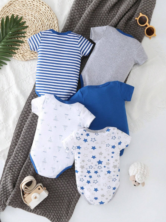 New Arrival Baby Boy 5pcs/Set Letter & Star Print Short Sleeve Romper Outfits