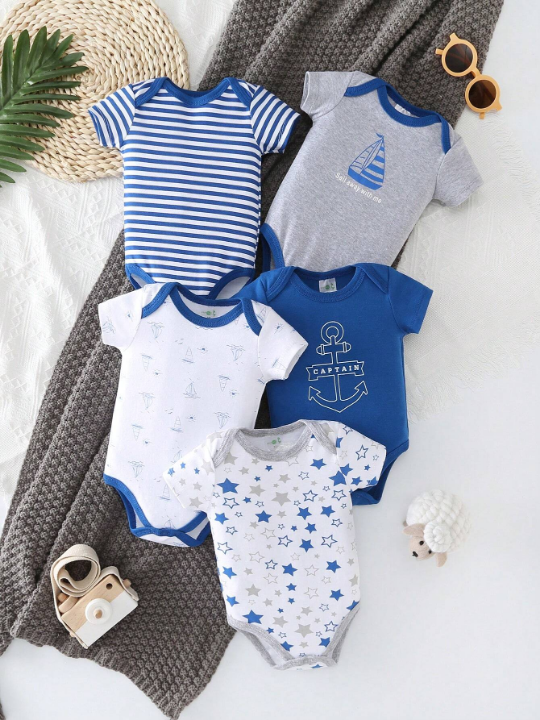 New Arrival Baby Boy 5pcs/Set Letter & Star Print Short Sleeve Romper Outfits