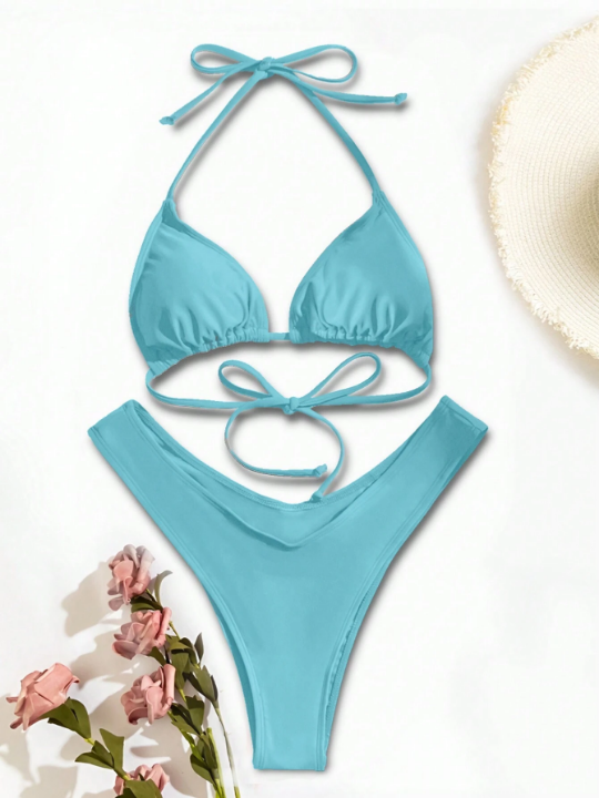 Swim Basics Halter Triangle High Cut Bikini Swimsuit