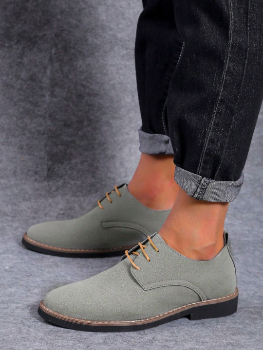 Men's Suede-Like Breathable Round Toe Low-Cut Lace-Up Low Heel Pu Leather Shoes For Casual, Everyday Wear In All Seasons