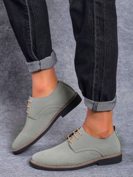 Men's Suede-Like Breathable Round Toe Low-Cut Lace-Up Low Heel Pu Leather Shoes For Casual, Everyday Wear In All Seasons