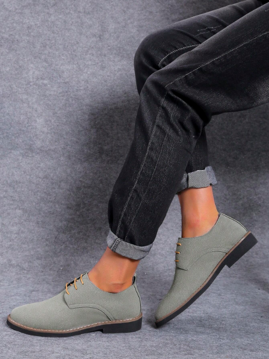 Men's Suede-Like Breathable Round Toe Low-Cut Lace-Up Low Heel Pu Leather Shoes For Casual, Everyday Wear In All Seasons