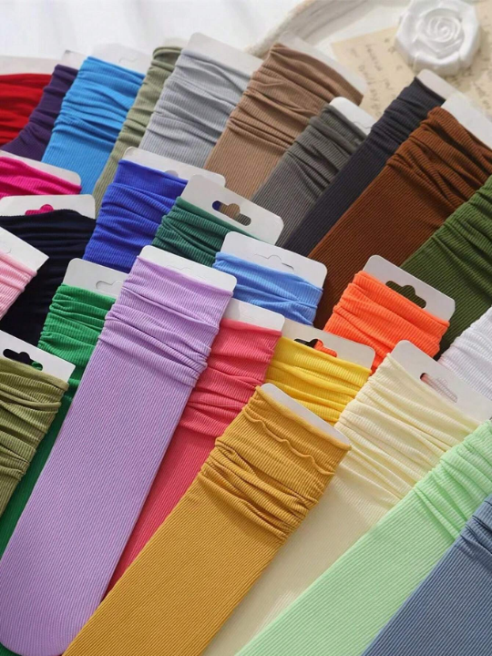 10 Randomly Selected Pairs Of Ice Silk Candy Colored Pile Heap Mid-Tube Socks With Rolled Hem For Women In Spring/Summer