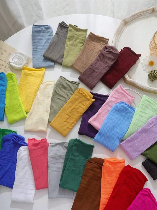 10 Randomly Selected Pairs Of Ice Silk Candy Colored Pile Heap Mid-Tube Socks With Rolled Hem For Women In Spring/Summer