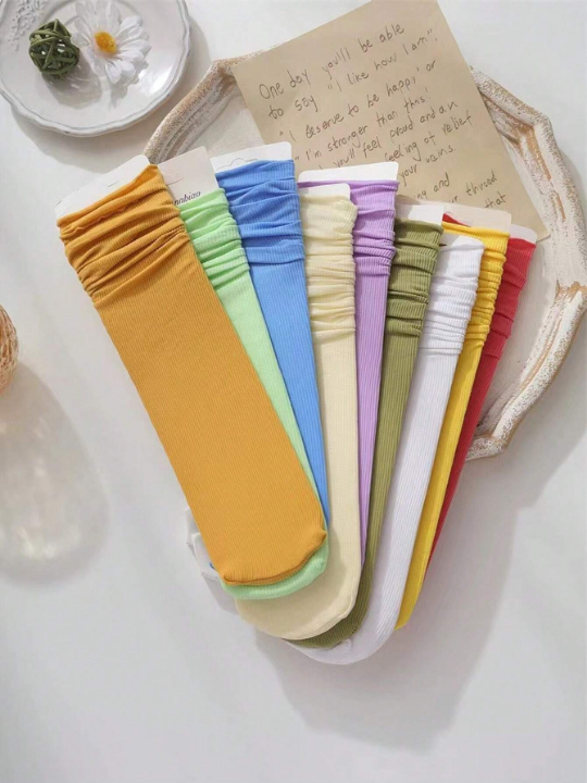 10 Randomly Selected Pairs Of Ice Silk Candy Colored Pile Heap Mid-Tube Socks With Rolled Hem For Women In Spring/Summer