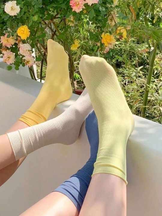 10 Randomly Selected Pairs Of Ice Silk Candy Colored Pile Heap Mid-Tube Socks With Rolled Hem For Women In Spring/Summer