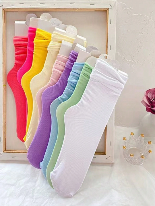 10 Randomly Selected Pairs Of Ice Silk Candy Colored Pile Heap Mid-Tube Socks With Rolled Hem For Women In Spring/Summer