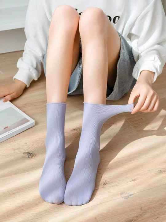 10 Randomly Selected Pairs Of Ice Silk Candy Colored Pile Heap Mid-Tube Socks With Rolled Hem For Women In Spring/Summer