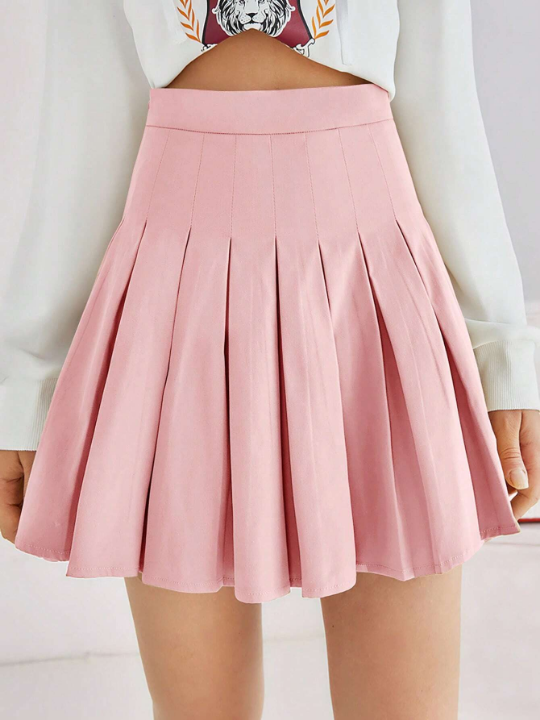 Qutie Solid Color Casual Pleated Skirt