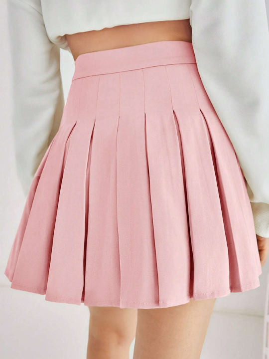 Qutie Solid Color Casual Pleated Skirt