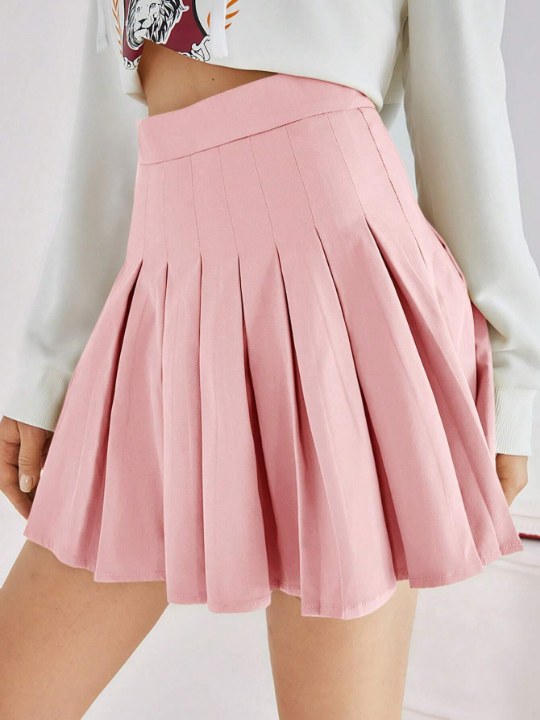 Qutie Solid Color Casual Pleated Skirt