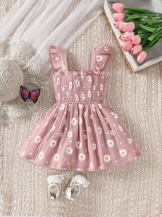 Baby Girl Daisy Printed Dress With Ruffle Hem