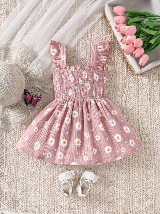 Baby Girl Daisy Printed Dress With Ruffle Hem