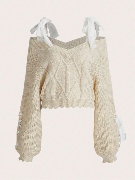 ROMWE Kawaii Cable Knit Lace Up Cold Shoulder Sweater