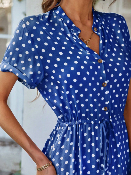 VCAY Women's Polka Dot Short Sleeve Button Front Shirt Dress