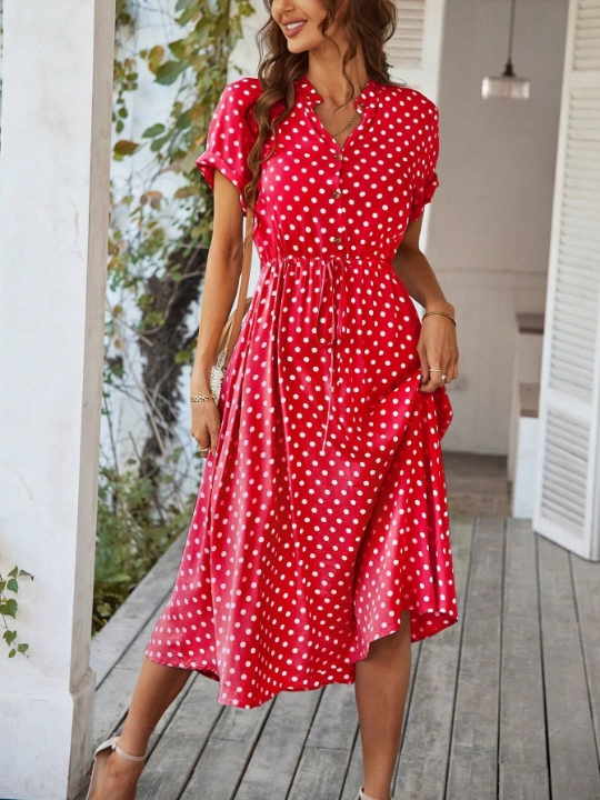 VCAY Polka Dot Printed V-Neck Waist Flare Dress