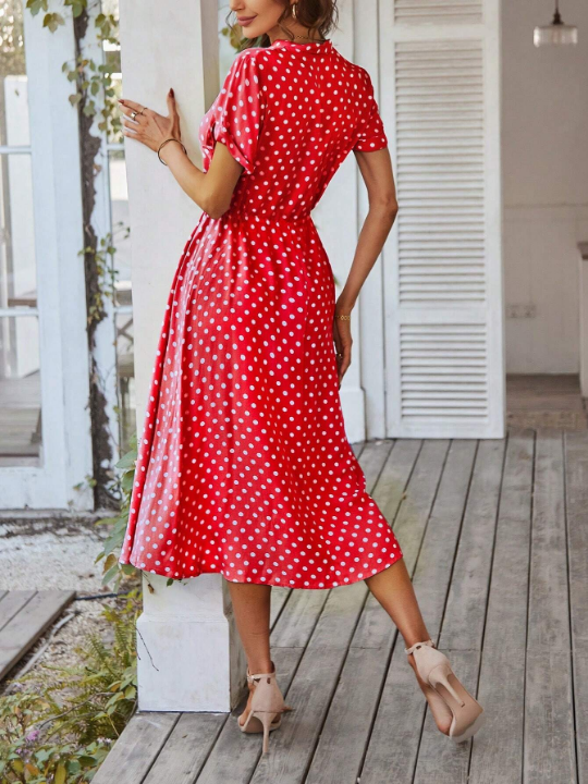 VCAY Polka Dot Printed V-Neck Waist Flare Dress