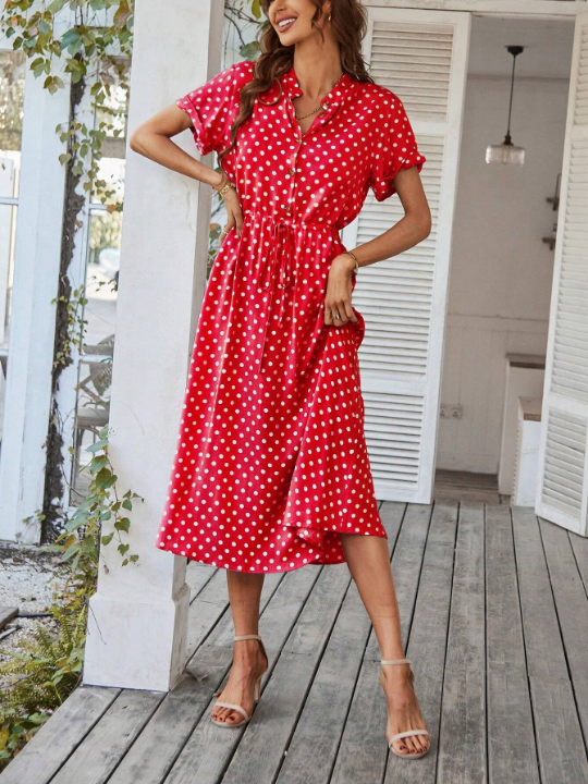 VCAY Polka Dot Printed V-Neck Waist Flare Dress