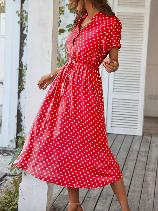 VCAY Polka Dot Printed V-Neck Waist Flare Dress