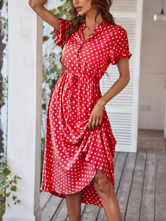 VCAY Polka Dot Printed V-Neck Waist Flare Dress