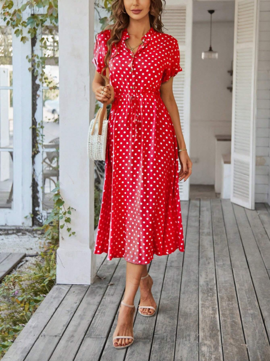 VCAY Polka Dot Printed V-Neck Waist Flare Dress