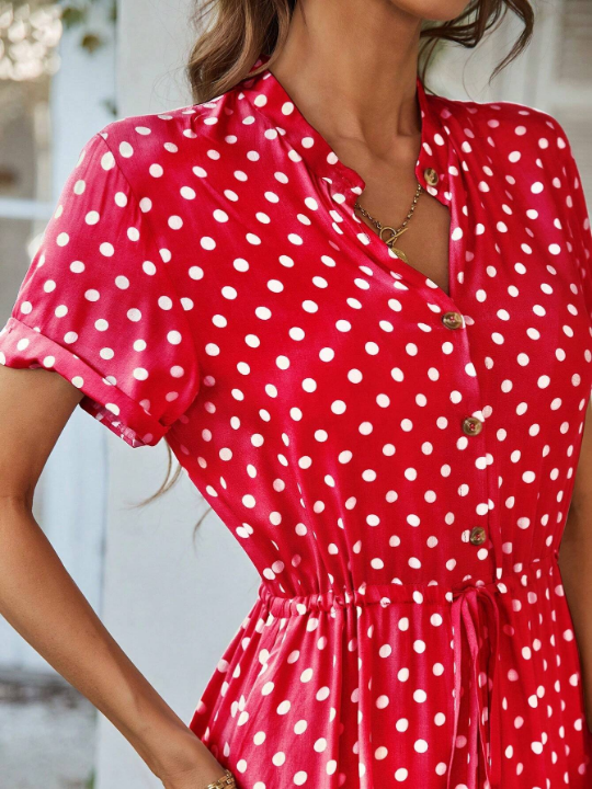 VCAY Polka Dot Printed V-Neck Waist Flare Dress