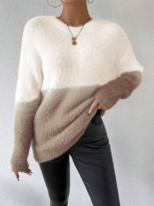 Essnce Color Block Round Neck Plush Knitted Drop Shoulder Sweater