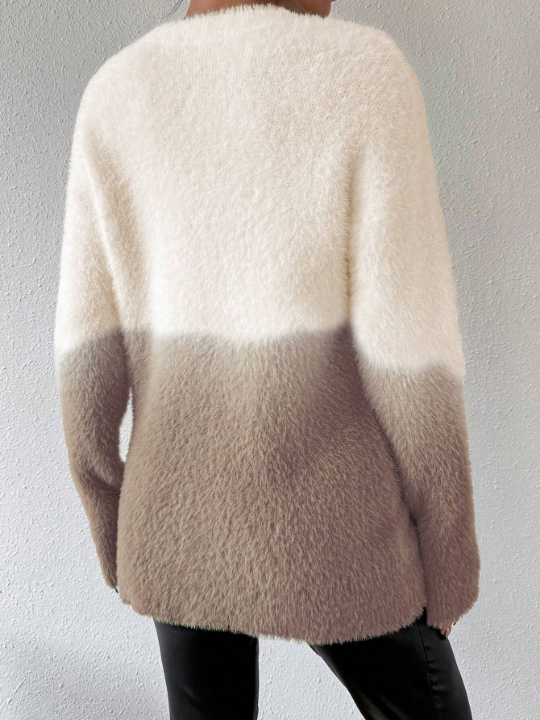 Essnce Color Block Round Neck Plush Knitted Drop Shoulder Sweater