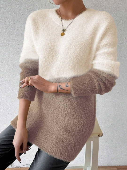 Essnce Color Block Round Neck Plush Knitted Drop Shoulder Sweater