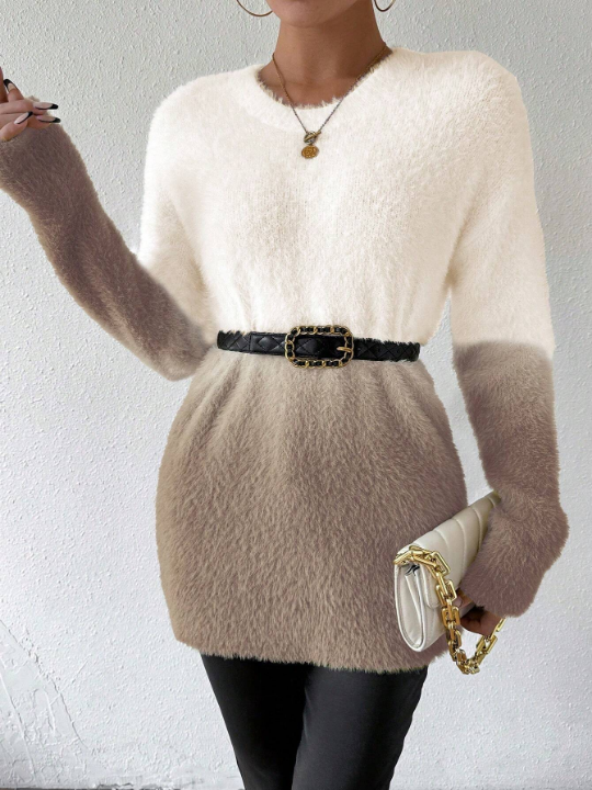 Essnce Color Block Round Neck Plush Knitted Drop Shoulder Sweater