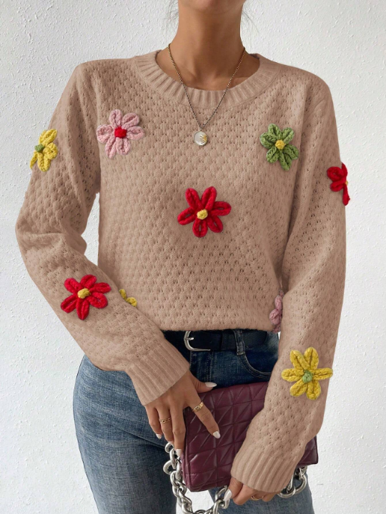 Essnce Women's Floral Decor Round Neck Sweater