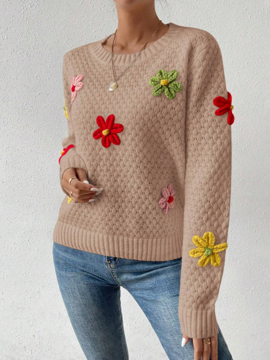 Essnce Women's Floral Decor Round Neck Sweater