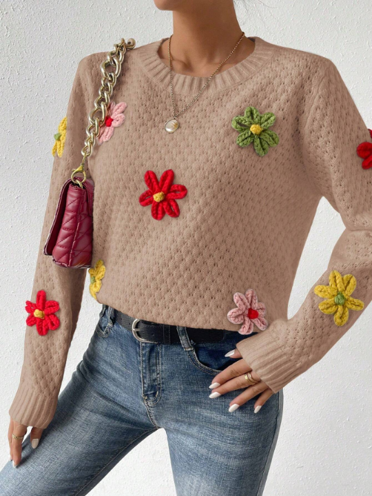 Essnce Women's Floral Decor Round Neck Sweater