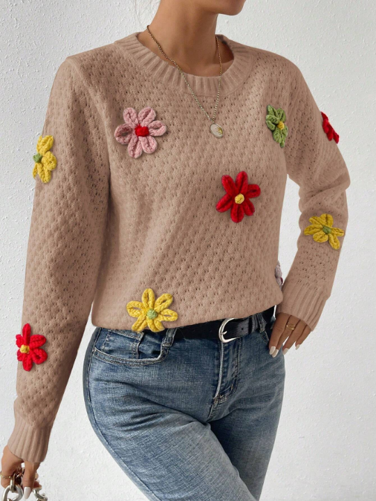 Essnce Women's Floral Decor Round Neck Sweater