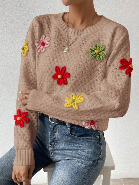 Essnce Women's Floral Decor Round Neck Sweater