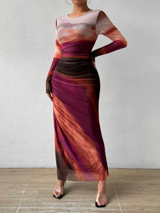 Priv Tie-Dye Round Neck Pleated Long Sleeve Dress