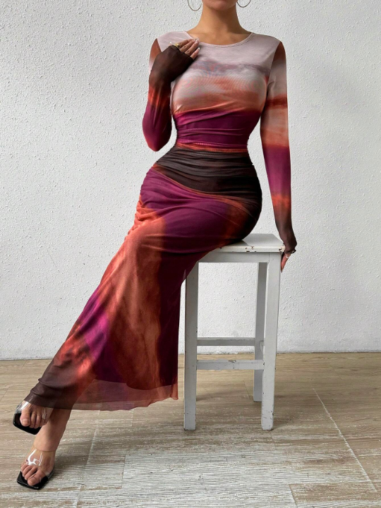 Priv Tie-Dye Round Neck Pleated Long Sleeve Dress