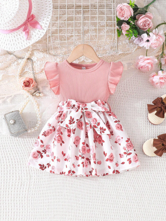 Baby Girls' Elegant Summer Dresses With Belt Set, Patchwork Design Featuring Rose Pattern, Crew Neck, And Flying Sleeves