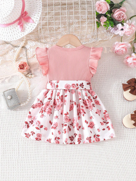 Baby Girls' Elegant Summer Dresses With Belt Set, Patchwork Design Featuring Rose Pattern, Crew Neck, And Flying Sleeves