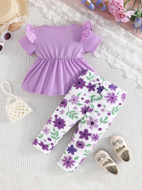 Baby Girl Summer Short Sleeve Lotus Ruffle Round Neck Top With Bowknot Decoration And Flower Print Long Pants Casual Outfit