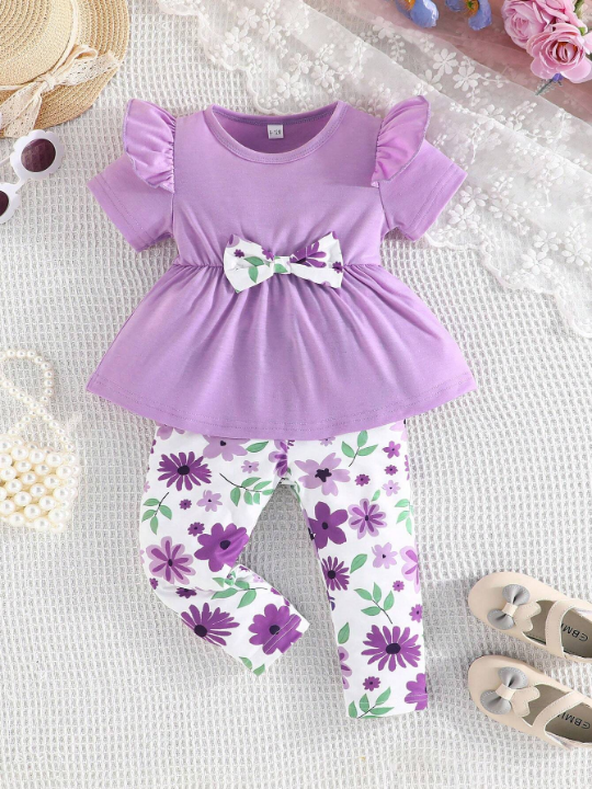 Baby Girl Summer Short Sleeve Lotus Ruffle Round Neck Top With Bowknot Decoration And Flower Print Long Pants Casual Outfit