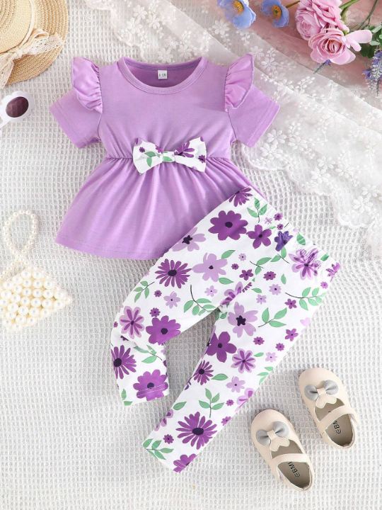 Baby Girl Summer Short Sleeve Lotus Ruffle Round Neck Top With Bowknot Decoration And Flower Print Long Pants Casual Outfit