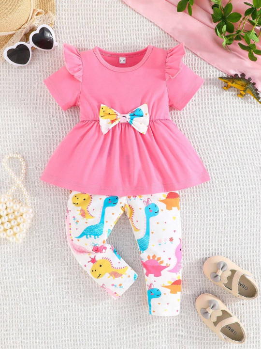 Baby Girls' Summer Short Sleeve Peplum Top With Bowknot Detail, Dinosaur Printed Long Pants Casual Outfit