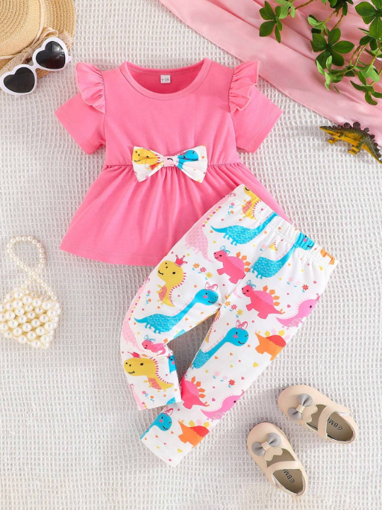 Baby Girls' Summer Short Sleeve Peplum Top With Bowknot Detail, Dinosaur Printed Long Pants Casual Outfit