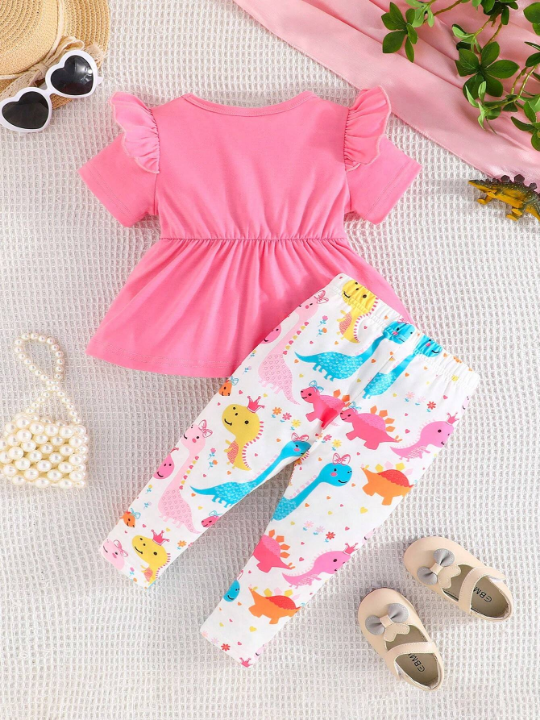 Baby Girls' Summer Short Sleeve Peplum Top With Bowknot Detail, Dinosaur Printed Long Pants Casual Outfit